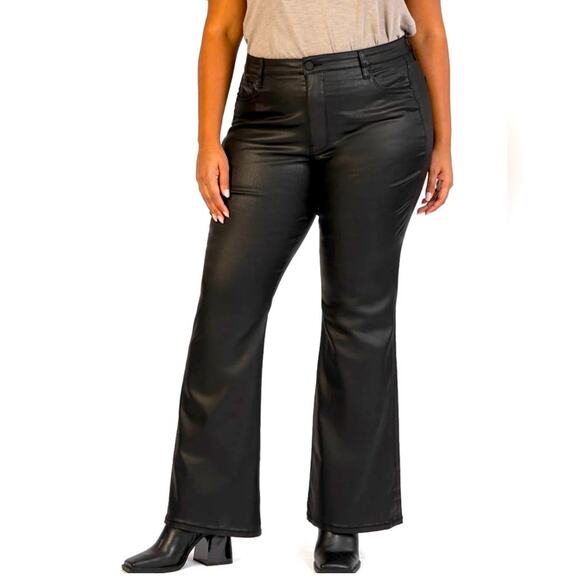 KUT FROM THE KLOTH High Rise Ana SZ 14W Coated Fab Ab Flare Blk Faux Leather NWT - Picture 1 of 16